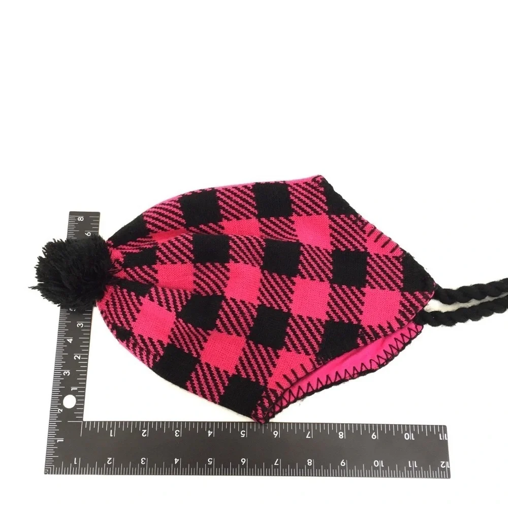 Hot Pink + Black Houndstooth Print Pom Pom Hat